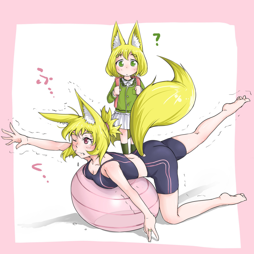 2girls ? absurdres animal_ears backpack bag ball bare_arms bare_shoulders barefoot bike_shorts blonde_hair blush breasts child cleavage commentary_request doitsuken exercise_ball eyebrows_visible_through_hair fang_out fox_ears fox_tail green_eyes green_legwear highres jewelry looking_at_another medium_breasts mother_and_daughter multiple_girls original pink_eyes reaching ring school_uniform short_hair skirt socks standing stretch stretched_limb tail tank_top trembling wedding_band white_background white_skirt