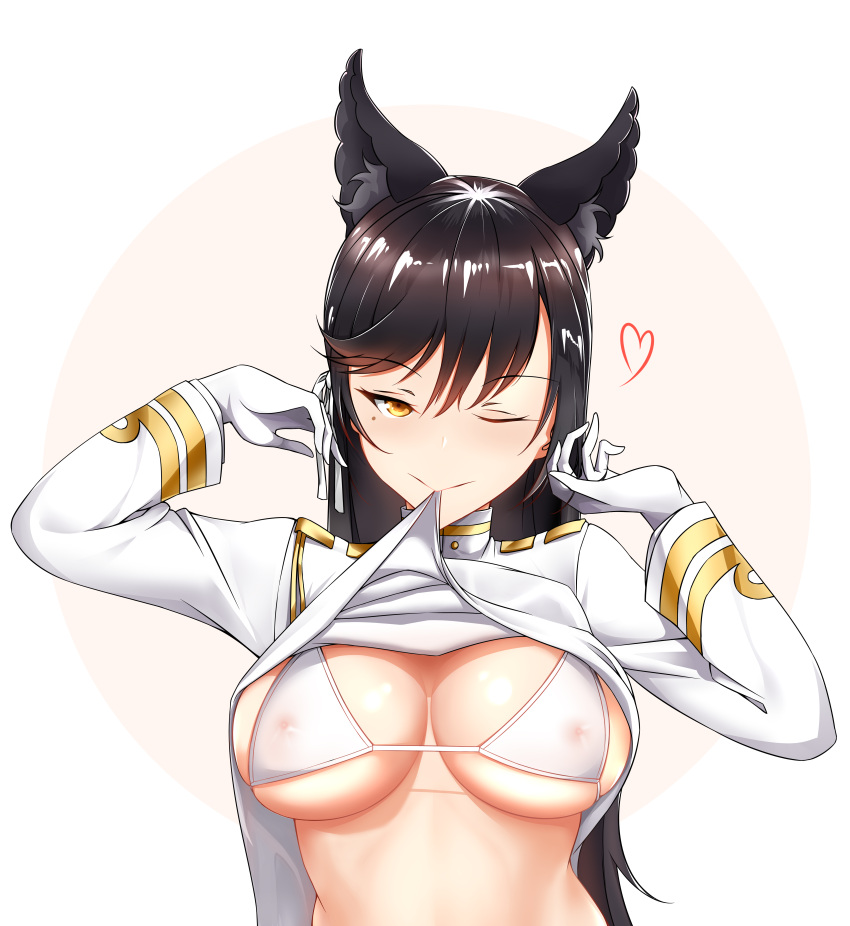 1girl ;) absurdres animal_ears atago_(azur_lane) azur_lane black_hair bra breasts closed_mouth gloves heart highres long_hair medium_breasts mouth_hold one_eye_closed smile solo underwear upper_body white_bra white_gloves yellow_eyes zhi_jiyang