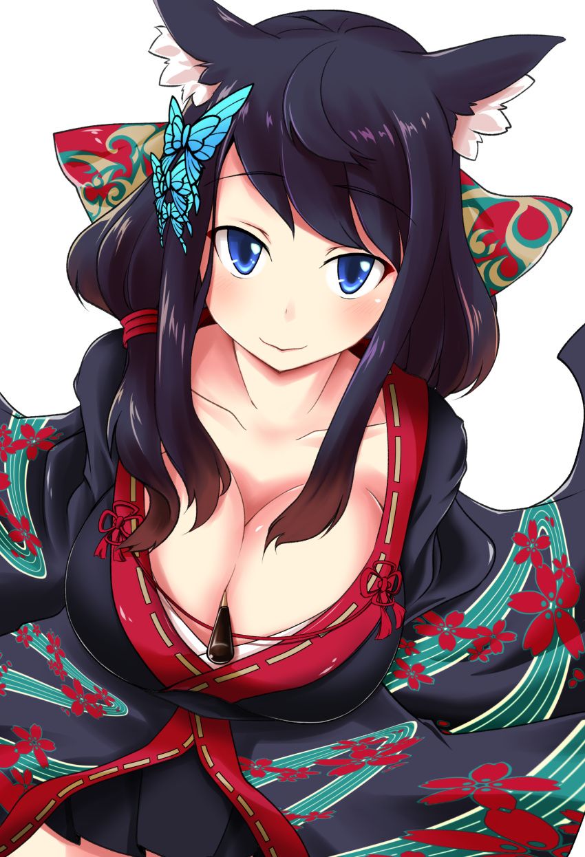 1girl absurdres animal_ears azur_lane between_breasts black_hair blue_eyes blush breasts butterfly_hair_ornament cat_ears cleavage collarbone eyebrows_visible_through_hair food fusou_(azur_lane) hair_ornament highres large_breasts lolitan long_hair looking_at_viewer pocky pocky_day sitting smile solo