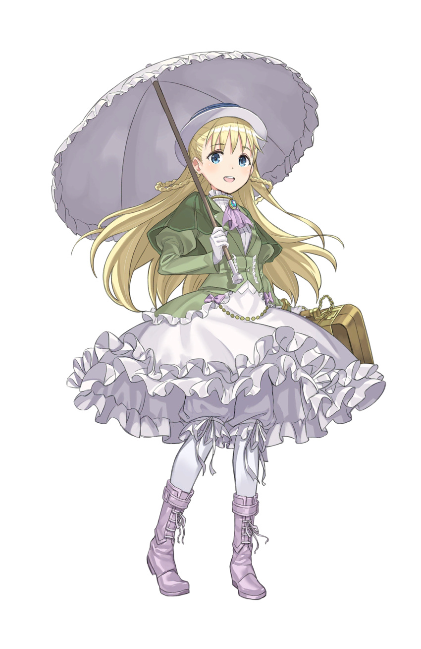 1girl :d blonde_hair blue_eyes braid crown_braid dress frilled_dress frills full_body gloves green_vest hat highres long_hair looking_at_viewer luggage monica_golding official_art open_mouth parasol pink_footwear princess_principal princess_principal_game_of_mission smile solo standing transparent_background umbrella vest white_dress white_gloves white_hat white_legwear white_umbrella