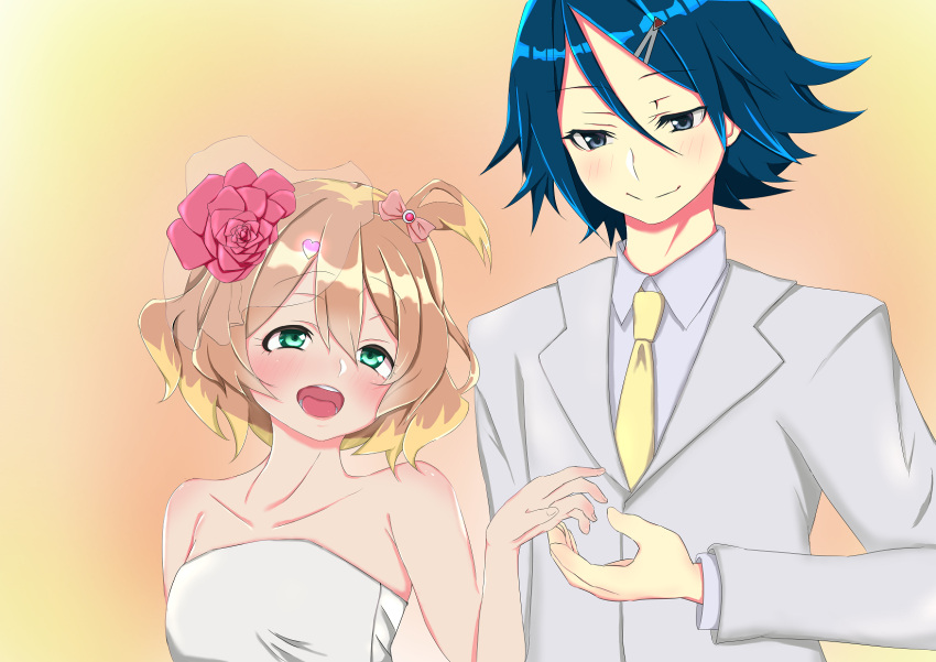 1boy 1girl @home blue_eyes blue_hair check_commentary commentary commentary_request dress flower freyja_wion green_eyes hair_flower hair_ornament hayate_immelmann highres macross macross_delta multicolored_hair orange_hair smile tuxedo two-tone_hair wedding_dress