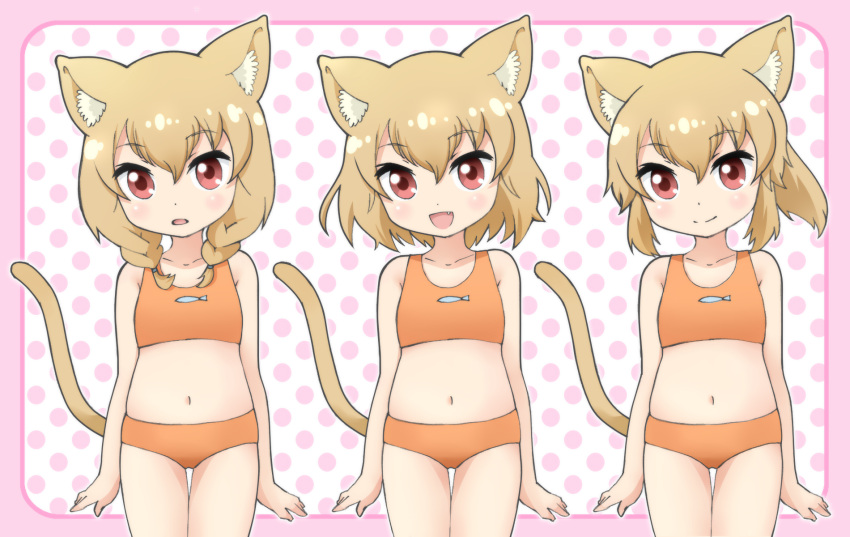 3girls :d :o animal_ears bikini blonde_hair braid cat_ears cat_girl cat_tail centaur_no_nayami child cowboy_shot hair_between_eyes hakkatou highres looking_at_viewer mitama_chigusa mitama_chiho mitama_chinami multiple_girls navel open_mouth orange_bikini polka_dot polka_dot_background ponytail red_eyes short_hair smile swimsuit tail triplets twin_braids