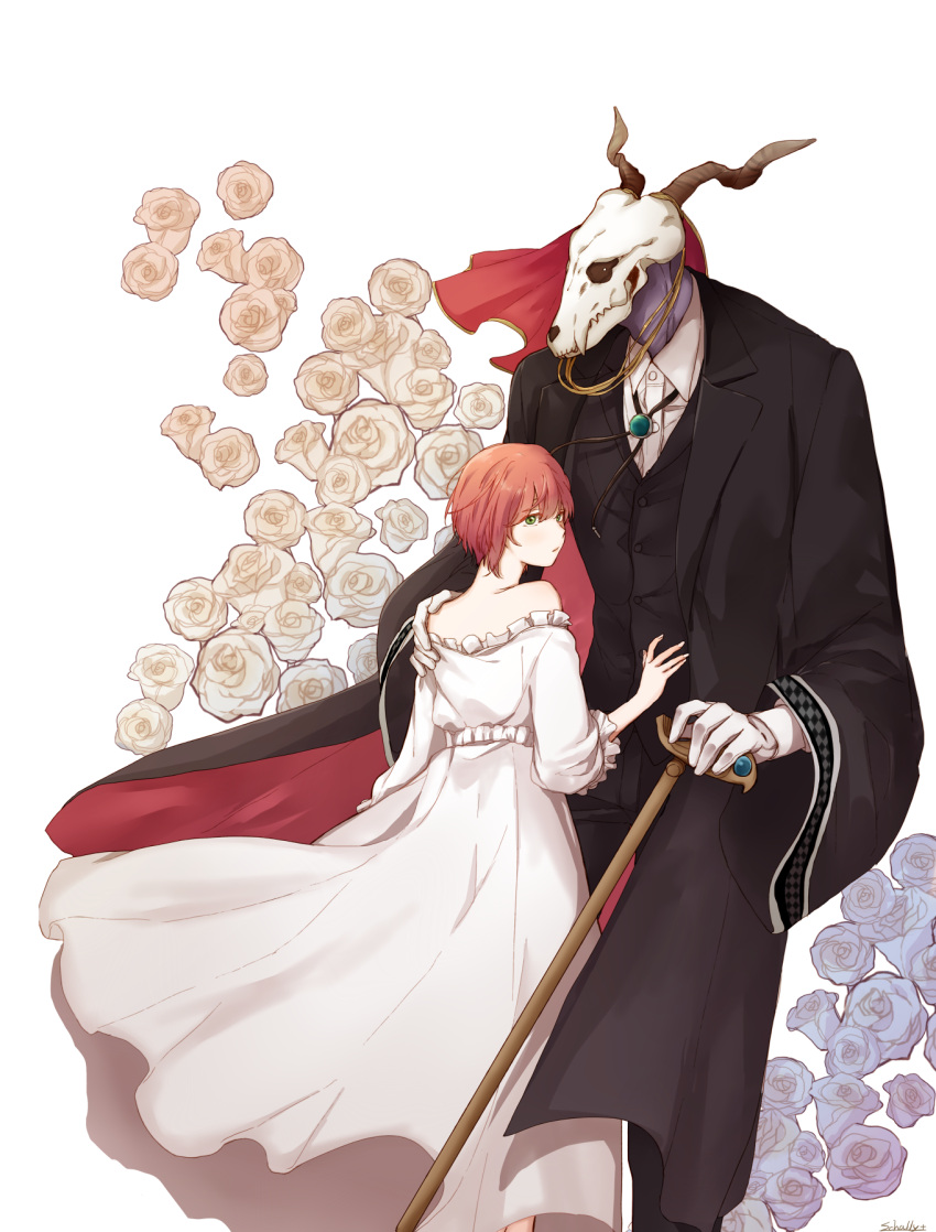 1boy 1girl animal_skull artist_name black_pants cane dress ellias_ainsworth flower green_eyes hair_between_eyes hand_on_another's_shoudler hatori_chise highres horns jewelry mahou_tsukai_no_yome necklace pants redhead schally+ short_hair standing vest white_dress