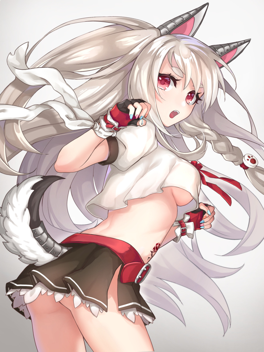 1girl animal_ears ass azur_lane braid breasts claw_pose commentary_request fake_animal_ears fangs fingerless_gloves frilled_skirt frills gloves highres kon_(k0n16) long_hair looking_at_viewer midriff nail_polish one_side_up open_mouth paw_hair_ornament pleated_skirt red_eyes school_uniform serafuku silver_hair single_braid skirt solo tail tattoo under_boob wolf_tail yuudachi_(kantai_collection)