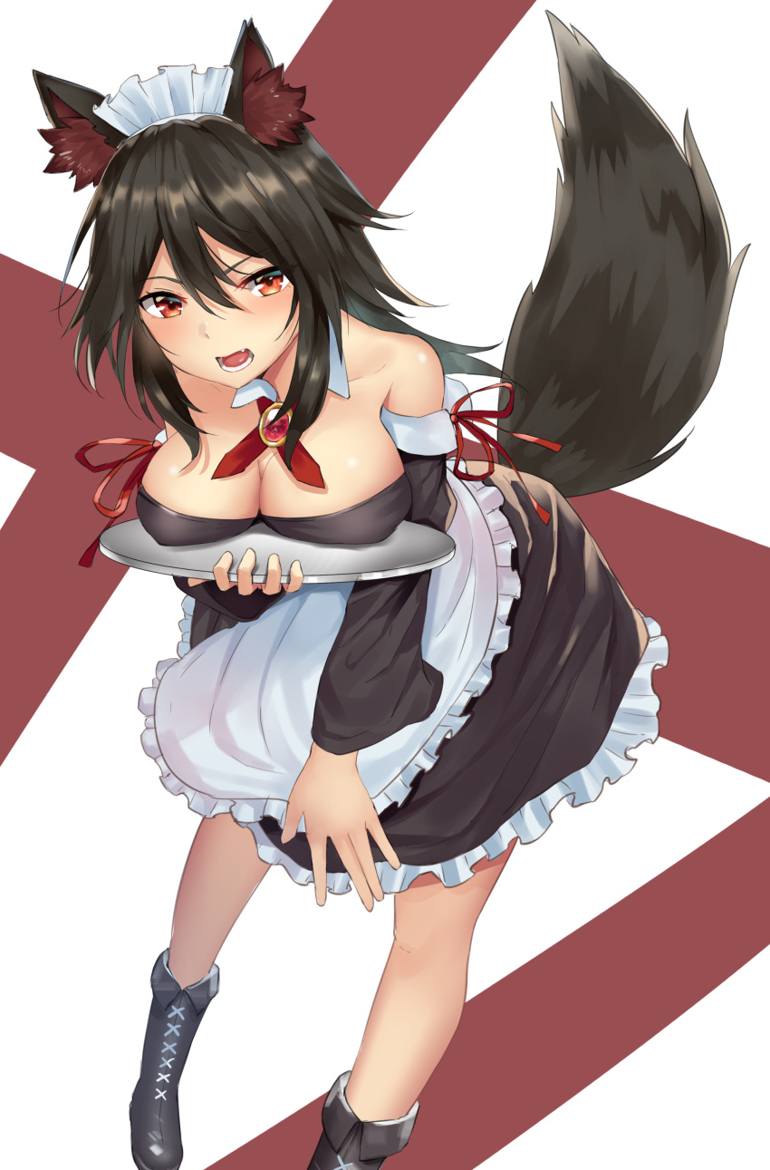 1girl absurdres alternate_costume animal_ears apron bare_shoulders black_footwear black_hair boots breast_rest breasts breasts_on_tray brooch detached_collar detached_sleeves enmaided fang hair_between_eyes highres imaizumi_kagerou jewelry large_breasts leaning_forward long_hair looking_at_viewer maid open_mouth phano_(125042) red_eyes red_ribbon ribbon solo standing tail touhou tray waist_apron white_background wolf_ears wolf_tail