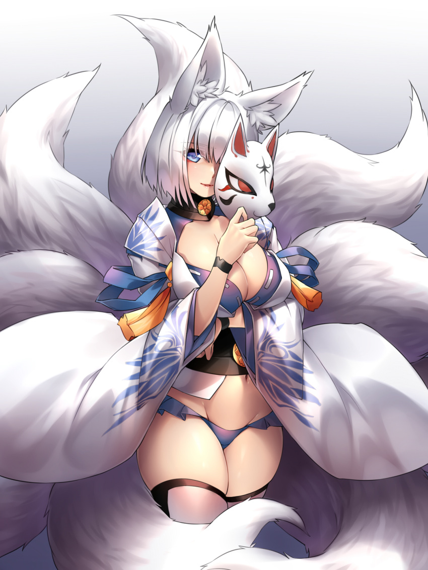 1girl animal_ears azur_lane blue_eyes blue_panties breast_hold breasts cleavage cleavage_cutout cowboy_shot fox_ears fox_mask fox_tail gradient gradient_background highres japanese_clothes kaga_(azur_lane) kyuubi large_breasts looking_at_viewer mask multiple_tails navel panties parted_lips ribbon_trim short_hair simple_background smile solo tail tassel thigh-highs underwear white_hair white_legwear wide_sleeves wristband yin-ting_tian