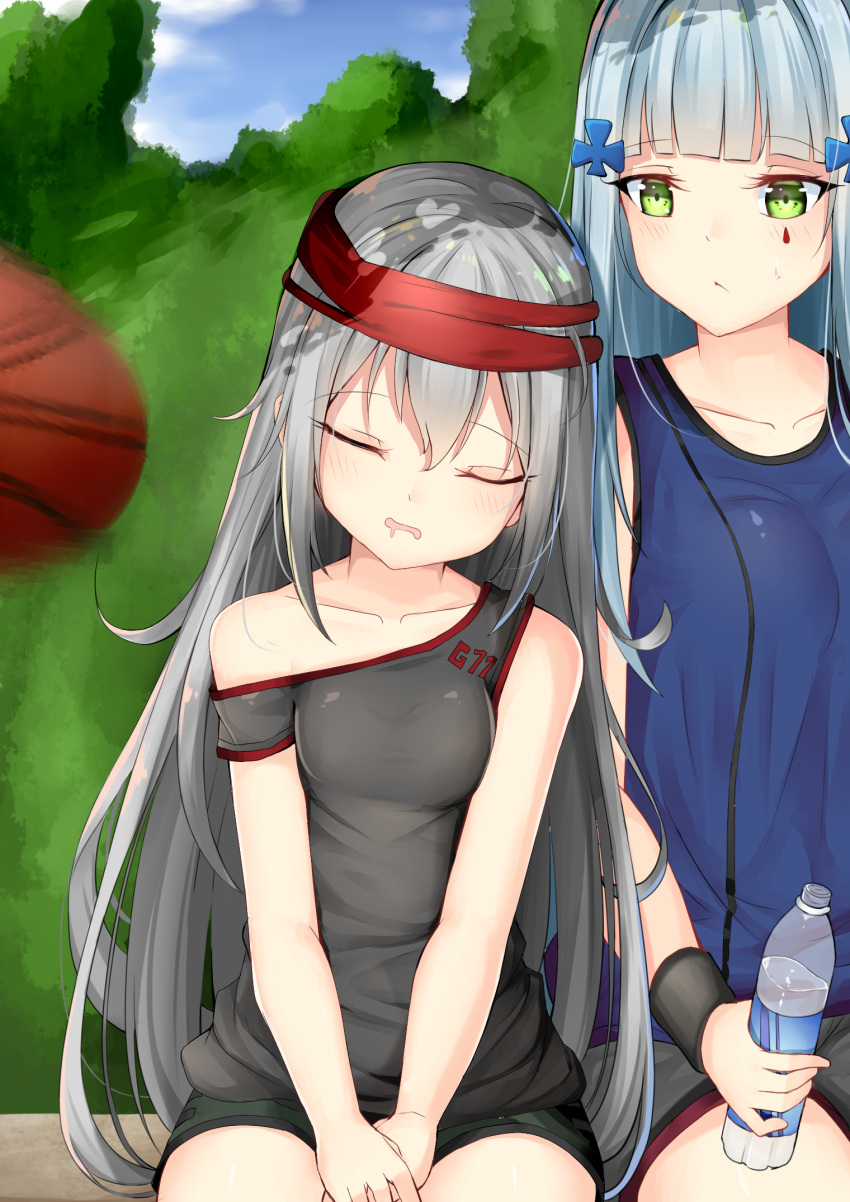 bangs basketball blue_hair blunt_bangs blush bottle character_name chixiao closed_eyes closed_mouth collarbone drooling eyebrows_visible_through_hair g11_(girls_frontline) girls_frontline green_eyes grey_hair grey_shirt hair_between_eyes headband highres hk416_(girls_frontline) holding holding_bottle long_hair motion_blur off-shoulder_shirt open_mouth shirt shorts sidelocks sitting tank_top water_bottle