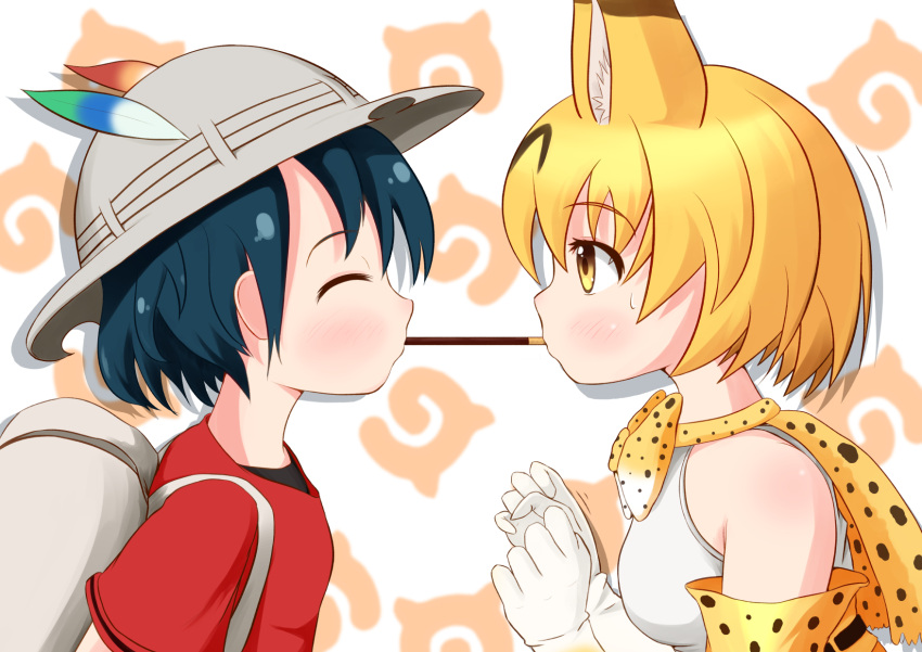 2girls animal_ears backpack bag blonde_hair blue_hair bow bowtie bucket_hat closed_eyes commentary elbow_gloves eyebrows_visible_through_hair food gloves hat hat_feather highres japari_symbol kaban_(kemono_friends) kemono_friends monaka1107 mouth_hold multiple_girls pocky pocky_kiss print_neckwear profile red_shirt serval_(kemono_friends) serval_ears serval_print shared_food shirt short_hair simple_background sleeveless sleeveless_shirt upper_body white_hat white_shirt yellow_eyes yuri