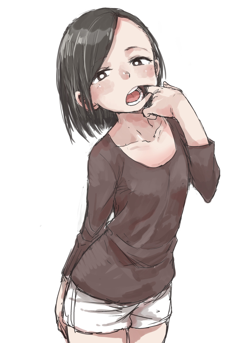 1girl absurdres black_hair brown_eyes highres long_sleeves mouth_pull neckless original short_hair shorts simple_background teeth tongue white_background yamamoto_souichirou