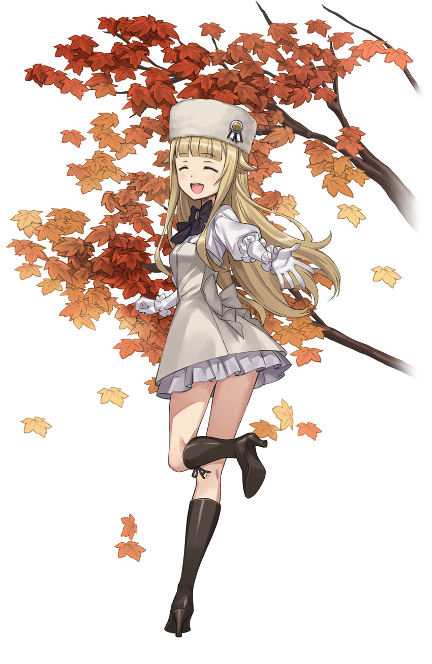 1girl :d autumn_leaves black_footwear blonde_hair boots closed_eyes facing_viewer full_body gloves hat high_heel_boots high_heels highres long_hair looking_at_viewer official_art open_mouth princess_(princess_principal) princess_principal princess_principal_game_of_mission smile solo standing standing_on_one_leg transparent_background white_gloves white_hat