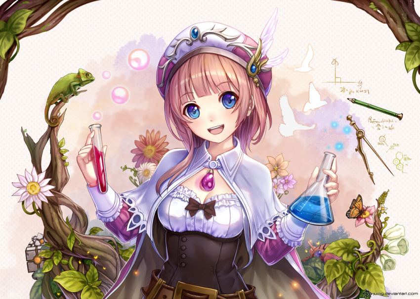 1girl :d atelier_(series) atelier_rorona bangs belt blunt_bangs blush breasts brown_hair butterfly cape chameleon chemistry cleavage compass_(instrument) corset erlenmeyer_flask eyebrows_visible_through_hair flower frills hair_over_shoulder hat hat_feather head_tilt holding jurrig leaf long_hair long_sleeves looking_at_viewer medium_breasts open_mouth pencil pink_hat polka_dot polka_dot_background revision rororina_fryxell smile solo test_tube white_cape