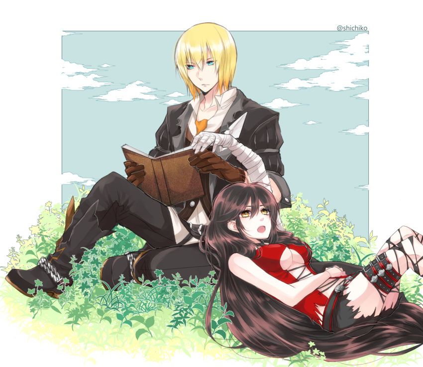 1boy 1girl 75 :o aqua_eyes bandage black_coat black_footwear black_hair black_legwear black_shorts blonde_hair book boots breasts clouds eizen_(tales) grass highres knee_boots long_hair lying open_mouth reading shorts sitting sky tales_of_(series) tales_of_berseria thigh-highs torn_clothes torn_shorts torn_thighhighs twitter_username under_boob velvet_crowe yellow_eyes