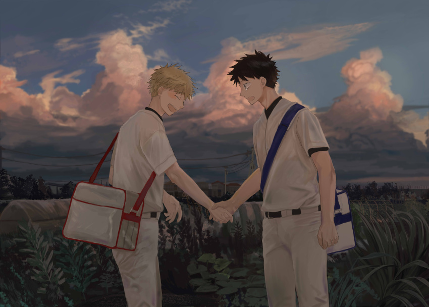 2boys :d absurdres bag black_hair closed_eyes clouds day duffel_bag eye_contact grass handshake highres light_brown_hair looking_at_another male_focus multiple_boys noasa open_mouth outdoors pants plant power_lines smile standing tree white_pants