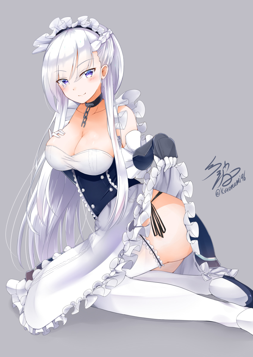 1girl absurdres azur_lane bangs belfast_(azur_lane) blue_eyes blush braid breasts chains cleavage collar collarbone commentary_request eyebrows_visible_through_hair fingerless_gloves french_braid gloves highres large_breasts long_hair looking_at_viewer maid maid_headdress namikawa_kuroha signature silver_hair smile solo thigh-highs twitter_username white_legwear