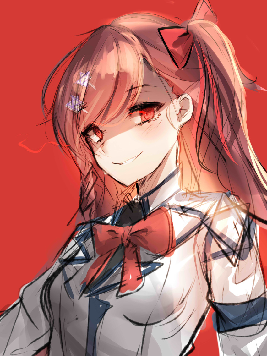1girl absurdres asymmetrical_hair blazer blush bow braid breasts evil_smile eyebrows_visible_through_hair eyes_visible_through_hair fangs girls_frontline glowing glowing_eyes hair_between_eyes hair_ornament hairclip hexagram highres jacket long_hair long_sleeves looking_at_viewer negev_(girls_frontline) one_side_up pale_skin parted_lips pink_hair red_background red_bow red_eyes red_ribbon ribbon signature simple_background single_braid small_breasts smile solo star_of_david very_long_hair yanggang