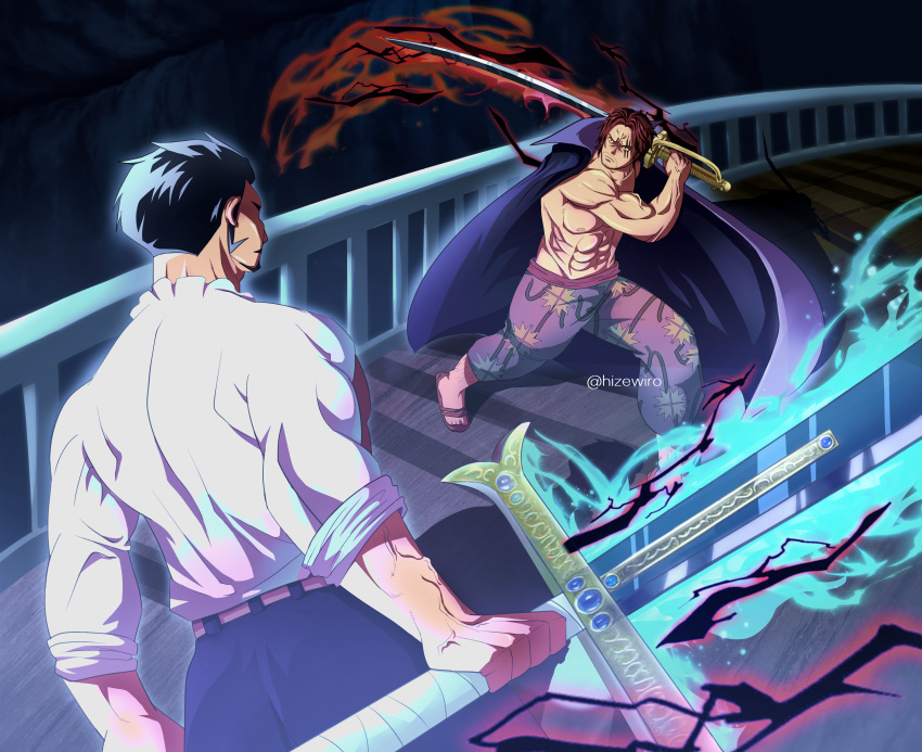 2boys absurdres anger_vein angry battle black_coat coat dracule_mihawk fighting_stance highres male_focus multiple_boys muscular muscular_male night one_piece redhead scar shanks_(one_piece) ship ship_deck shirt sleeveless sword swordman thick_arms topless topless_male veins watercraft weapon white_shirt
