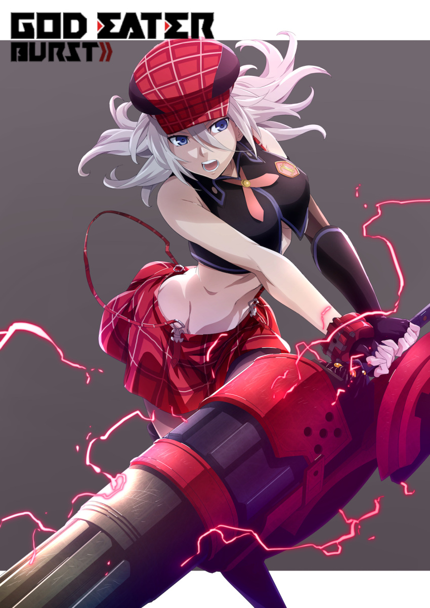 1girl :d alisa_ilinichina_amiella black_footwear black_legwear blue_eyes boots breasts brown_background cabbie_hat commentary_request copyright_name crop_top elbow_gloves emblem fingerless_gloves gloves god_eater god_eater_burst hair_between_eyes hat highres holding holding_weapon huge_weapon large_breasts long_hair looking_at_viewer medium_breasts navel open_mouth pantyhose puma_(hyuma1219) revision silver_hair single_elbow_glove skirt sleeveless smile solo suspender_skirt suspenders suspenders_slip thigh-highs thigh_boots under_boob v-shaped_eyebrows weapon