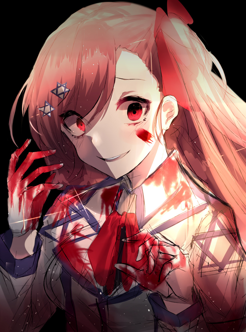 1girl absurdres blazer blood blood_on_face bloody_clothes bloody_hands blush bow braid breasts collared_shirt crazy_eyes evil_smile girls_frontline gloves glowing glowing_eyes hair_ornament hairclip hands_up hexagram highres jacket long_hair long_sleeves looking_at_viewer military military_uniform negev_(girls_frontline) one_side_up open_mouth pink_hair red_bow red_eyes shaded_face shirt single_braid smile solo star_of_david uniform very_long_hair white_background white_gloves yanggang