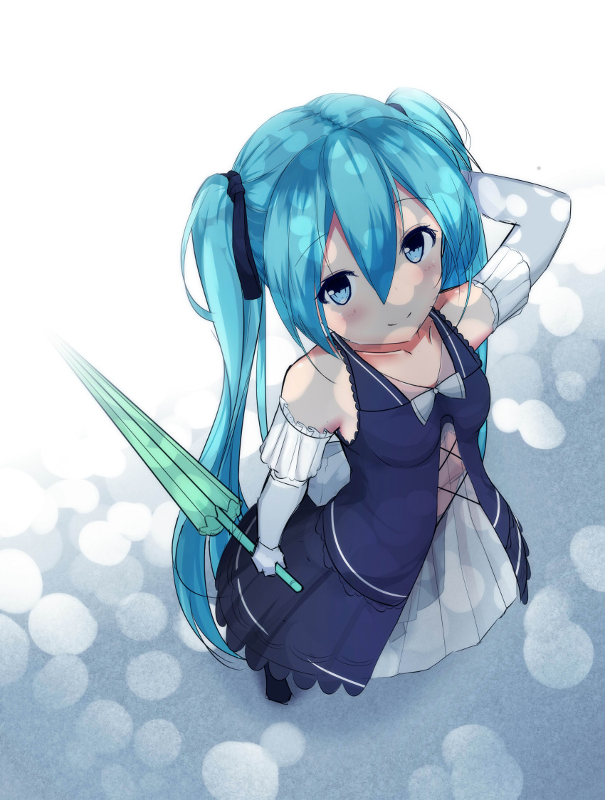 1girl absurdres aqua_eyes aqua_hair bangs bare_shoulders blush breasts commentary_request elbow_gloves eyebrows_visible_through_hair full_body gloves hair_between_eyes hair_ribbon hand_behind_head hatsune_miku highres holding holding_umbrella long_hair looking_at_viewer looking_up nagisa_(pixiv17634981) navy_blue_dress ribbon small_breasts smile solo standing tagme twintails umbrella vocaloid white_gloves white_neckwear