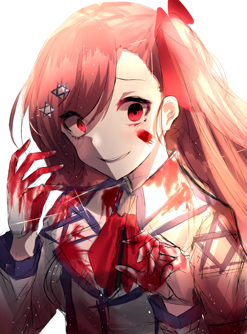 1girl absurdres blazer blood blood_on_face bloody_clothes bloody_hands blush bow braid breasts collared_shirt crazy_eyes evil_smile girls_frontline gloves glowing glowing_eyes hair_ornament hairclip hands_up hexagram highres jacket long_hair long_sleeves looking_at_viewer military military_uniform negev_(girls_frontline) one_side_up open_mouth pink_hair red_bow red_eyes shaded_face shirt single_braid smile solo star_of_david uniform very_long_hair white_background white_gloves yanggang