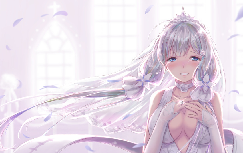 1girl :d azur_lane blue_eyes blurry breasts bridal_veil cleavage collarbone commentary_request depth_of_field detached_sleeves dress gohei_(aoi_yuugure) hands_on_own_chest highres illustrious_(azur_lane) jewelry large_breasts long_hair looking_at_viewer low_twintails open_mouth petals ring silver_hair smile solo sparkle twintails veil wedding_band wedding_dress white_hair wind