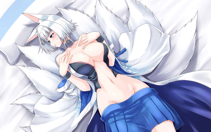 1girl animal_ears azur_lane bangs blue_eyes blue_skirt blunt_bangs blush breasts cleavage collarbone cowboy_shot fox_ears fox_tail g_(desukingu) groin hakama_skirt highres japanese_clothes kaga_(azur_lane) kimono large_breasts looking_away lying multiple_tails navel off_shoulder on_back open_clothes open_kimono parted_lips short_hair skirt solo stomach tail white_hair wide_sleeves