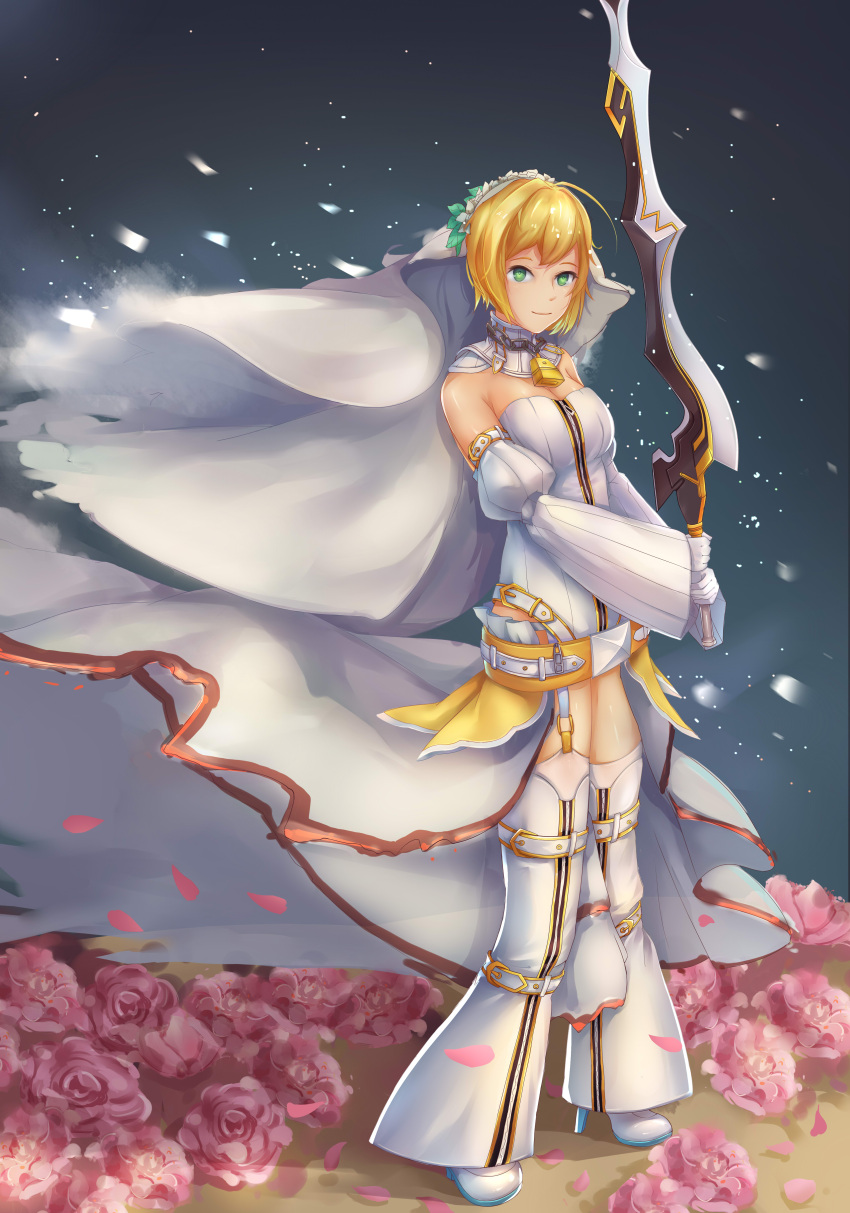 1girl absurdres ahoge bare_shoulders blonde_hair breasts bridal_veil cleavage closed_mouth detached_sleeves eyebrows fate/grand_order fate_(series) full_body gloves green_eyes high_heels highres holding holding_sword holding_weapon looking_at_viewer medium_breasts rookie55678 saber_bride saber_extra short_hair smile solo standing sword veil weapon white_gloves