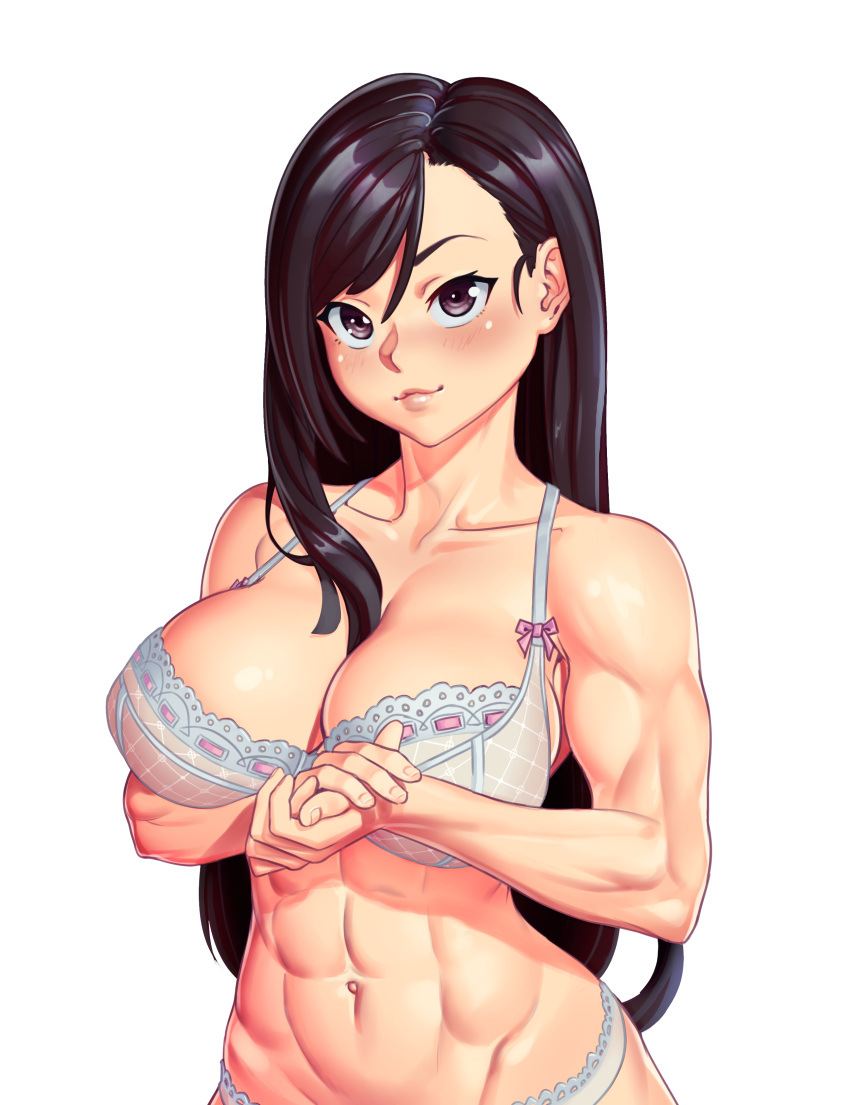 1girl abs absurdres black_hair bra breasts brown_eyes cleavage collarbone final_fantasy final_fantasy_vii hands_together highres lace lace-trimmed_bra lace-trimmed_panties large_breasts long_hair looking_at_viewer muscle muscular_female navel nikita_varb panties simple_background smile solo stomach tifa_lockhart toned underwear upper_body white_background