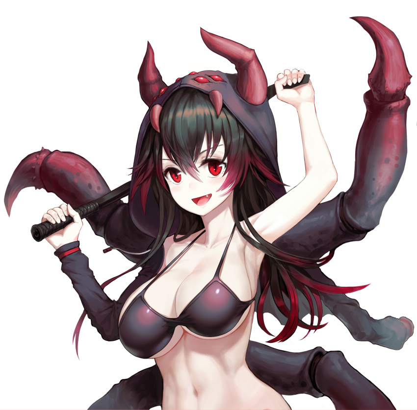 1girl :d absurdres arm_up armpits bangs bikini bikini_top black_bikini black_bikini_top black_hair breasts broodmother cleavage collarbone defense_of_the_ancients dota_2 eyebrows_visible_through_hair fang gradient_hair greem_bang hair_between_eyes hand_up highres holding holding_weapon hood_up large_breasts long_hair looking_at_viewer monster_girl multicolored_hair navel open_mouth personification purple_hair red_eyes redhead sidelocks simple_background smile solo spider_legs swimsuit upper_body v-shaped_eyebrows weapon whip white_background