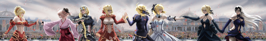 6+girls absurdres artist_name artoria_pendragon_(all) august_ice bare_shoulders black_dress blonde_hair blue_dress blue_eyes braid breasts chains character_request choker cleavage detached_sleeves dress elbow_gloves fate/grand_order fate_(series) gloves green_eyes hair_ornament hair_ribbon hand_holding hand_on_own_chest highres japanese_clothes jeanne_alter large_breasts lips long_hair long_image multiple_girls navel petals pink_hair red_dress ribbon ribbon_choker ruler_(fate/apocrypha) saber saber_alter saber_extra saber_lily saber_of_red sakura_saber strapless strapless_dress tagme very_long_hair white_dress white_hair wide_image yellow_eyes