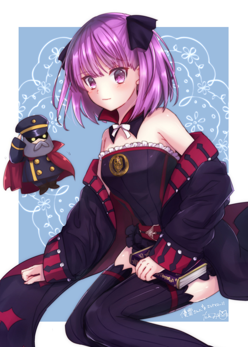 1girl bare_shoulders belt black_legwear blush book bow closed_mouth colonel_olcott_(fate/grand_order) detached_sleeves eyebrows_visible_through_hair fate/grand_order fate_(series) flat_chest hair_bow helena_blavatsky_(fate/grand_order) highres holding holding_book long_sleeves looking_at_viewer purple_hair short_hair smile solo_focus strapless tanaji thigh-highs tree_of_life twitter_username violet_eyes