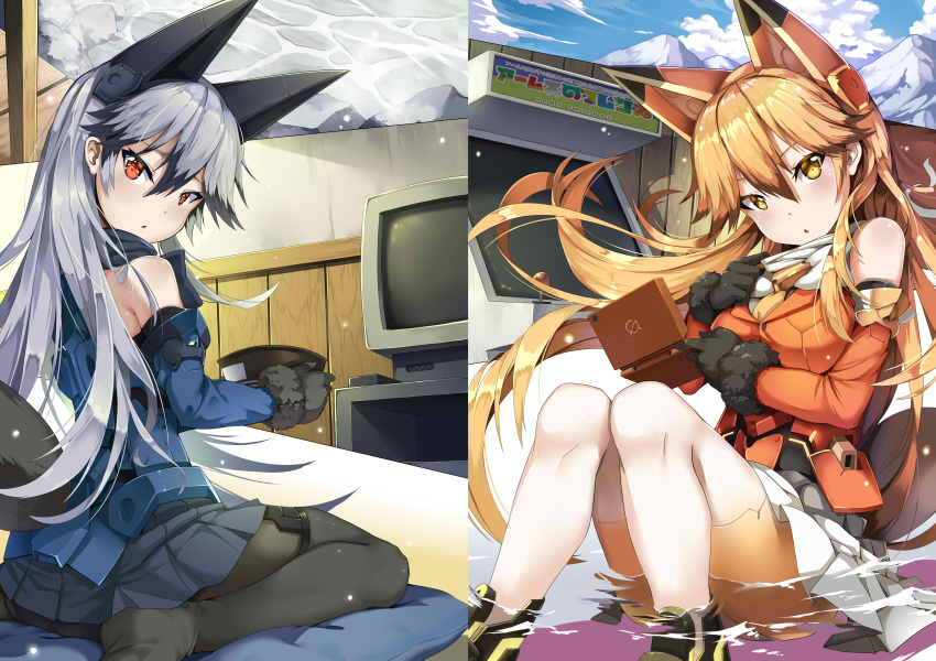 2girls absurdres alternate_legwear animal_ears arcade_cabinet bangs black_gloves blue_jacket blush bowl breasts brown_hair clouds commentary_request day extra_ears ezo_red_fox_(kemono_friends) floating_hair fox_ears fox_tail from_side fur_trim gloves grey_hair hair_between_eyes hair_flaps handheld_game_console highlights highres holding holding_bowl indoors jacket japari_symbol jie_laite kemono_friends knees_together_feet_apart large_breasts long_hair looking_at_viewer looking_back mecha_musume mechanical_ears medium_breasts miniskirt mountain multicolored_hair multiple_girls outdoors pantyhose parted_lips pleated_skirt red_eyes silver_fox_(kemono_friends) silver_hair sitting skirt sky tail television thigh-highs tsurime veranda wariza white_legwear white_skirt yellow_eyes zabuton
