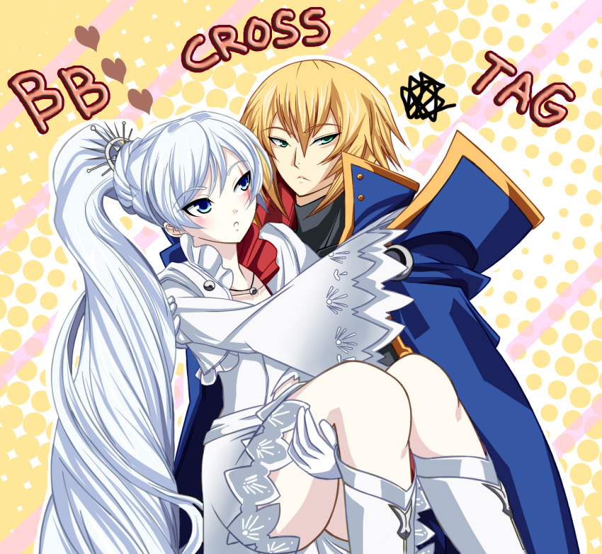 1boy 1girl aqua_eyes blazblue blazblue:_cross_tag_battle blonde_hair blue_eyes boots cape carrying crossover dress eien_no_kurayami frown gloves hair_bun heart highres kisaragi_jin legs long_hair military military_uniform ponytail power_connection princess_carry rwby short_hair squiggle uniform very_long_hair weiss_schnee white_hair