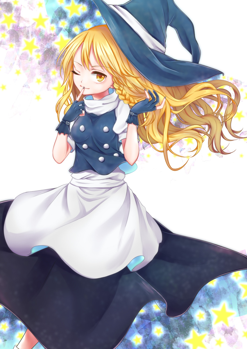 1girl absurdres apron black_gloves black_hat black_nails blonde_hair braid buttons commentary_request finger_to_mouth floating_hair gloves hat hat_ribbon highres kirisame_marisa long_hair nail_polish one_eye_closed ribbon rnkgmn short_sleeves side_braid skirt skirt_set solo star touhou very_long_hair vest waist_apron wavy_hair white_ribbon witch_hat yellow_eyes