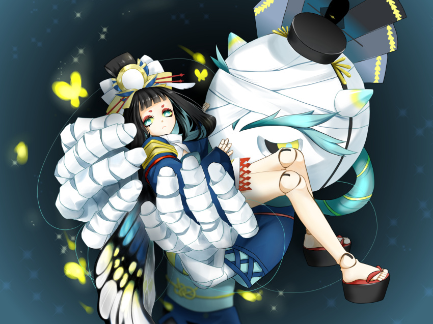 bandage bangs black_hat blonde_hair blue_background blunt_bangs butterfly butterfly_wings character_request doll_joints eyeshadow glowing green_eyes hands_on_another's_face hat highres hikimayu holding horns looking_at_viewer makeup obi onmyoji outstretched_arms platform_footwear sandals sash sitting sleeves_past_wrists sparkle wings yuki_jirou