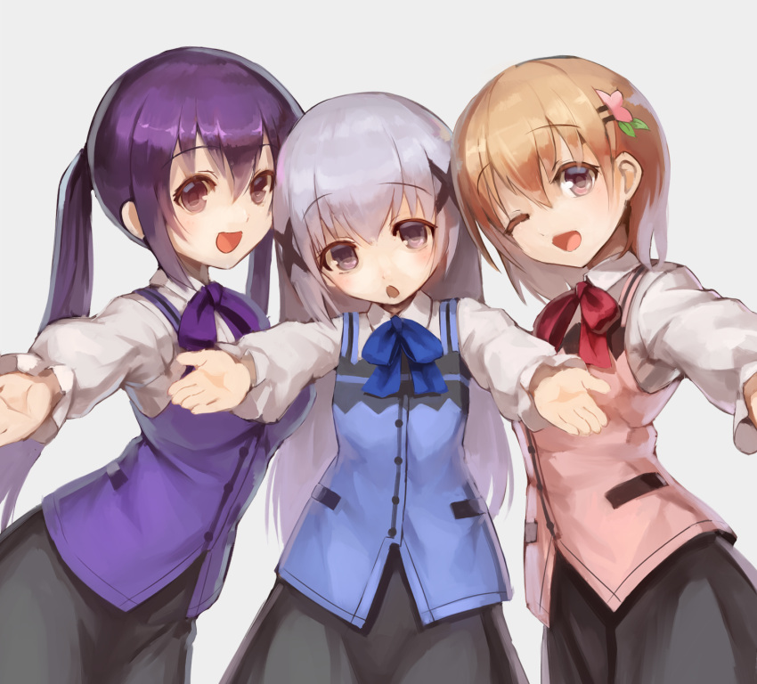 3girls :d :o ;d bangs black_skirt blue_neckwear blue_vest bow bowtie breasts buttons collared_shirt commentary_request cowboy_shot eyebrows_visible_through_hair flat_chest foreshortening gochuumon_wa_usagi_desu_ka? grey_background hair_between_eyes hair_ornament hairclip highres hoto_cocoa kafuu_chino light_blue_hair long_hair long_sleeves looking_at_viewer medium_breasts multiple_girls one_eye_closed open_mouth orange_hair outstretched_arms pink_vest purple_hair purple_neckwear purple_vest rabbit_house_uniform red_neckwear shirt short_hair sidelocks simple_background skirt smile standing sue_(bg-bros) tedeza_rize twintails vest violet_eyes white_shirt wing_collar x_hair_ornament