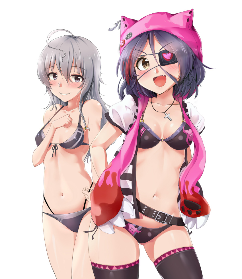 2girls ahoge animal_hood belt bikini black_bikini black_legwear breasts brown_eyes cat_hood cowboy_shot cross eyepatch fang front-tie_top grey_eyes hayasaka_mirei highres hood hoodie hoshi_shouko idolmaster idolmaster_cinderella_girls jacket jewelry kyouki_no_d-kun long_hair looking_at_viewer lowleg lowleg_bikini multicolored_hair multiple_girls navel necklace open_mouth parted_lips purple_hair redhead short_hair silver_hair simple_background small_breasts swimsuit thigh-highs white_background white_jacket