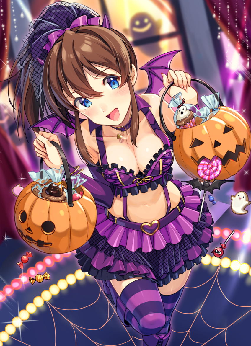 1girl bare_shoulders blue_eyes blush breasts brown_hair cleavage cupcake food halloween_basket halloween_costume highres idolmaster idolmaster_million_live! idolmaster_million_live!_theater_days jack-o'-lantern joey_koguma long_hair looking_at_viewer medium_breasts navel open_mouth ponytail satake_minako smile solo thigh-highs