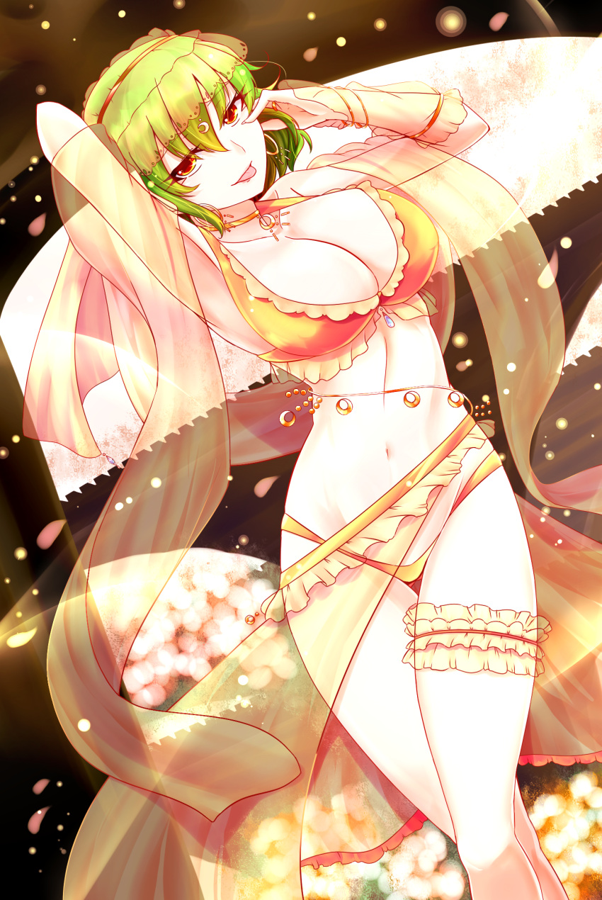1girl arm_up armpits breasts cleavage collarbone cosplay cowboy_shot dancer earrings fate/grand_order fate_(series) green_hair highres hoop_earrings itocoh jewelry kazami_yuuka large_breasts looking_at_viewer mata_hari_(fate/grand_order) mata_hari_(fate/grand_order)_(cosplay) neck_ring red_eyes revealing_clothes shawl short_hair smile solo tongue tongue_out touhou veil