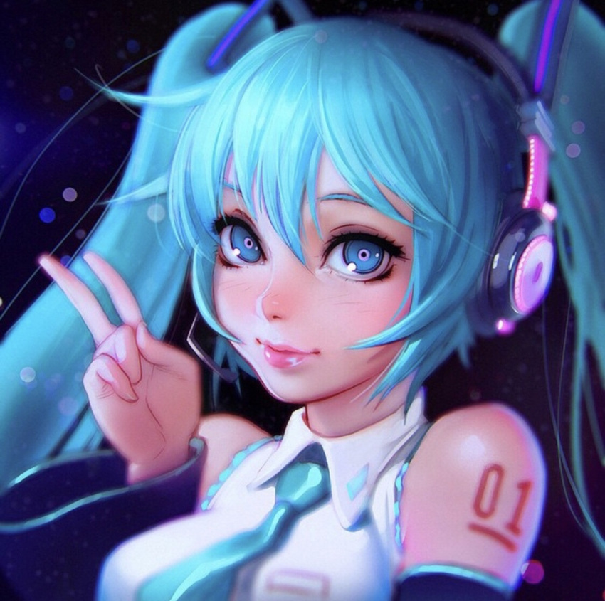 1girl bangs bare_shoulders blue_eyes blue_hair blue_neckwear blush closed_mouth collared_shirt detached_sleeves hair_between_eyes hand_up hatsune_miku headphones ilya_kuvshinov long_hair long_sleeves looking_at_viewer necktie number_tattoo revision shirt shoulder_tattoo smile solo tattoo twintails upper_body v vocaloid wing_collar