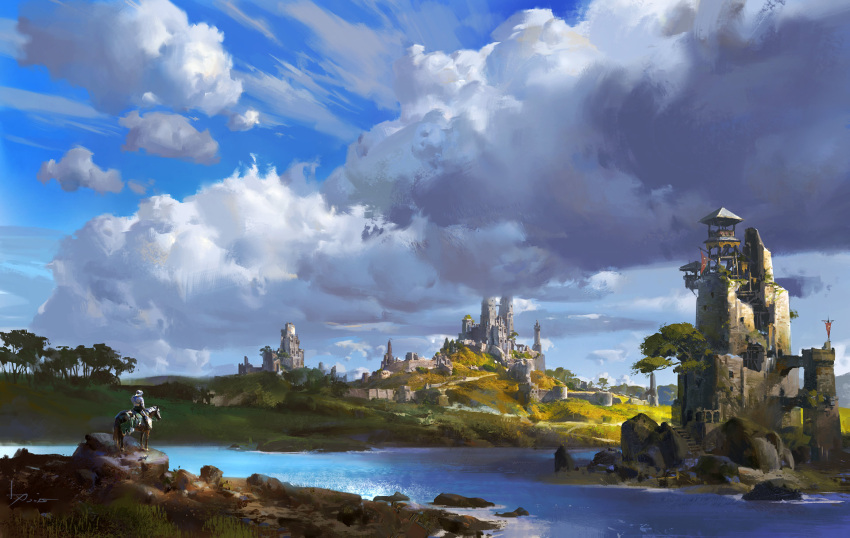 1boy armor banner blue_sky breastplate castle clouds cloudy_sky commentary forest full_armor grass helmet highres hill horse horseback_riding ling_xiang nature original outdoors plate_armor riding river saddle scenery signature sitting sky solo tower tree water