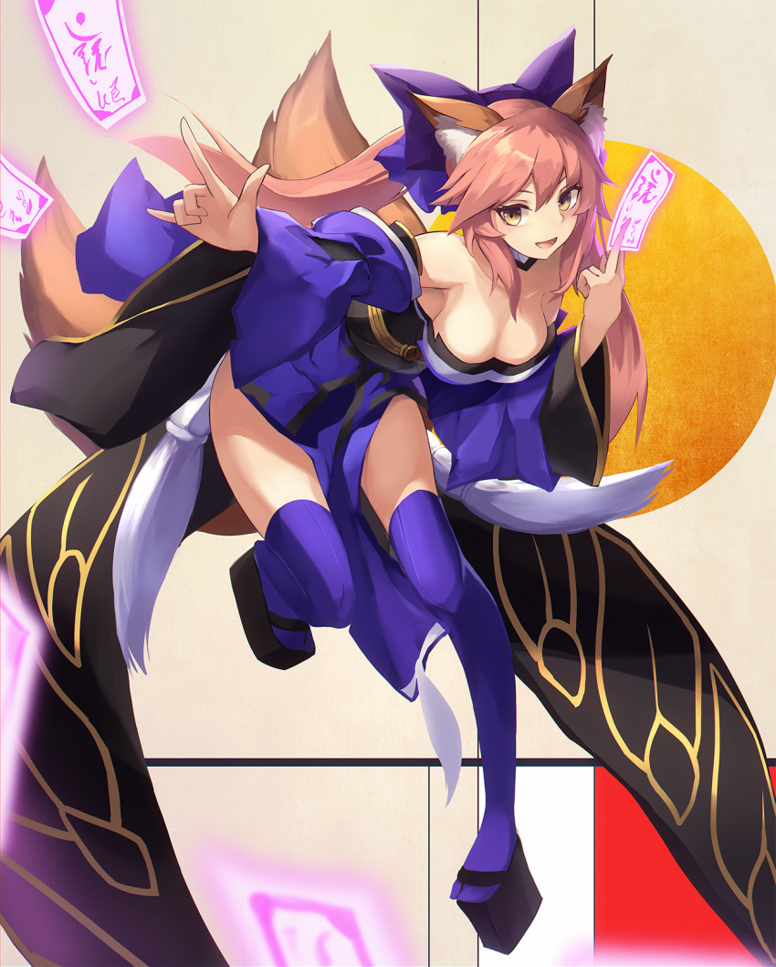 1girl animal_ears armpits bangs bare_shoulders blue_legwear blush breasts cleavage clog_sandals detached_sleeves eruthika fate/extra fate_(series) fox_ears fox_tail full_body hair_ribbon highres japanese_clothes large_breasts leaning_forward long_sleeves looking_at_viewer multiple_tails obi ofuda parted_lips pink_hair ribbon sash smile solo tail tamamo_(fate)_(all) tamamo_no_mae_(fate) thigh-highs wide_sleeves yellow_eyes