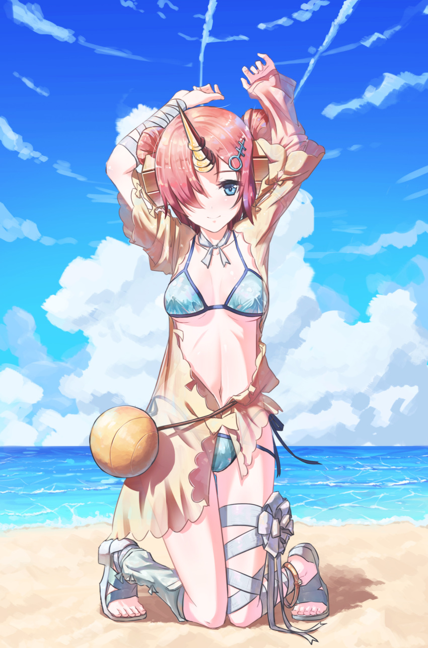 1girl absurdres arms_up bandage beach berserker_of_black bikini blue_eyes blue_sky breasts clouds erect_nipples fate/grand_order fate_(series) frankenstein's_monster_(swimsuit_saber)_(fate) gluteal_fold hair_over_one_eye highres horn kneeling medium_breasts navel ocean pink_hair sandals sarong side-tie_bikini sky smile solo swimsuit swimsuit_under_clothes ten_no_hoshi