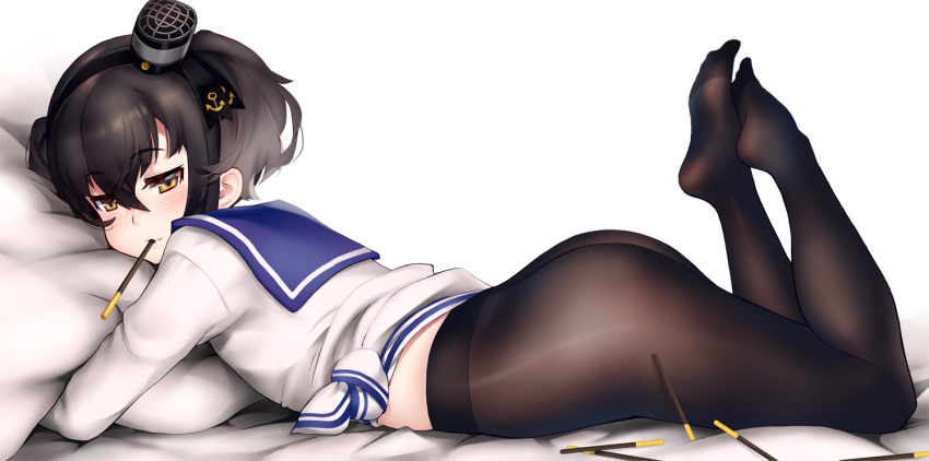 1girl ass bed_sheet black_legwear gradient_hair grey_hair hairband kantai_collection looking_at_viewer lying mouth_hold multicolored_hair on_stomach pantyhose pillow pillow_hug pocky_day school_uniform serafuku smile solo tokitsukaze_(kantai_collection) yellow_eyes yumekii