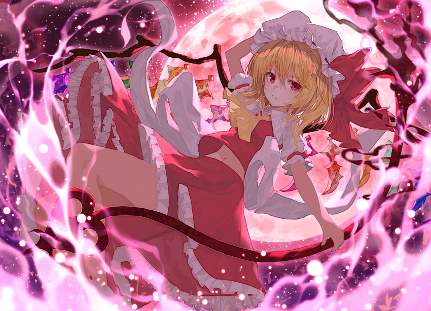 1girl arm_up ascot bare_arms blonde_hair closed_mouth flandre_scarlet frilled_skirt frills full_moon hair_between_eyes hat hat_ribbon laevatein lo-ta long_hair looking_at_viewer midriff mob_cap moon navel outdoors red_eyes red_moon red_ribbon red_skirt ribbon short_sleeves skirt skirt_set solo touhou vest white_hat wings