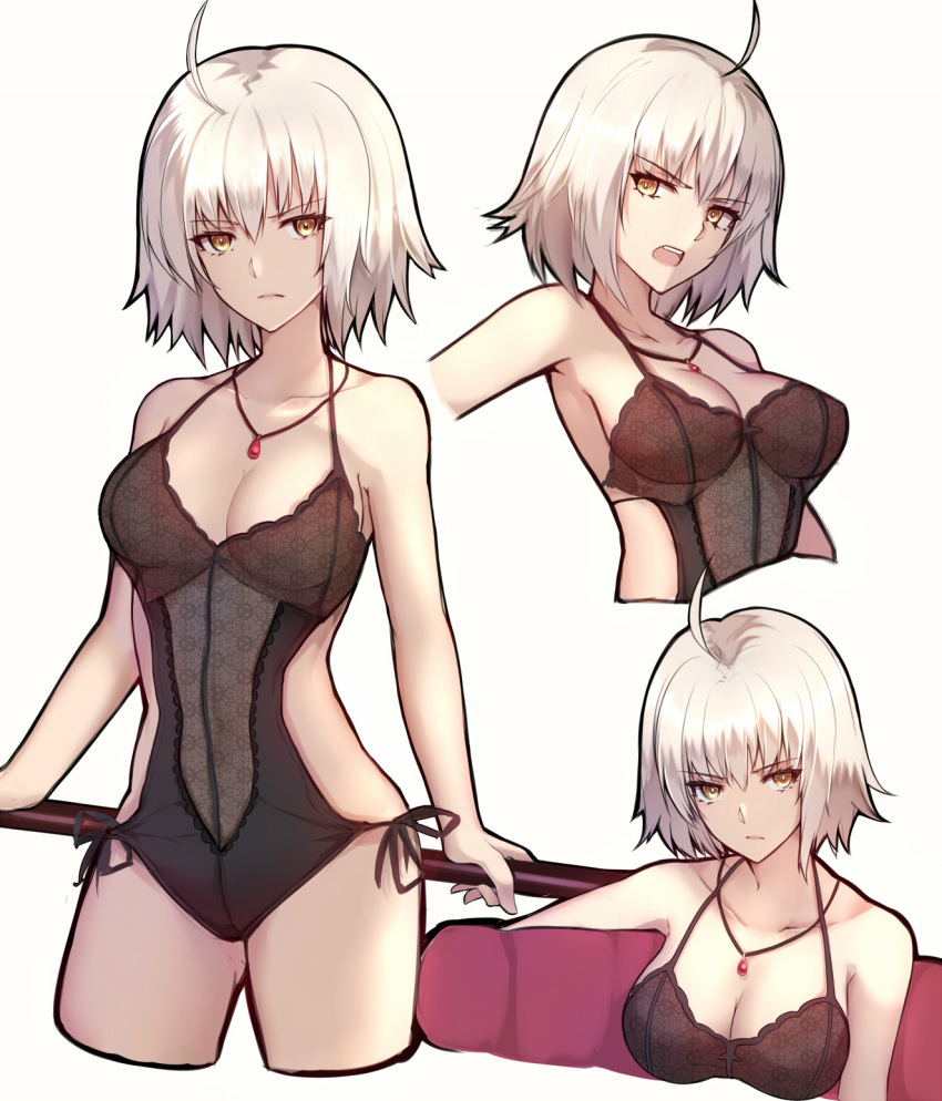 1girl :o ahoge alternate_costume armpits bangs bare_arms bare_shoulders black_swimsuit blush breasts casual_one-piece_swimsuit cleavage collarbone cropped_legs eyebrows_visible_through_hair fate/grand_order fate_(series) gluteal_fold highres holding jeanne_alter lingerie looking_at_viewer medium_breasts midriff multiple_views one-piece_swimsuit open_mouth ruler_(fate/apocrypha) serious shiguru shiny shiny_hair short_hair silver_hair simple_background swimsuit underwear upper_body v-shaped_eyebrows white_background yellow_eyes