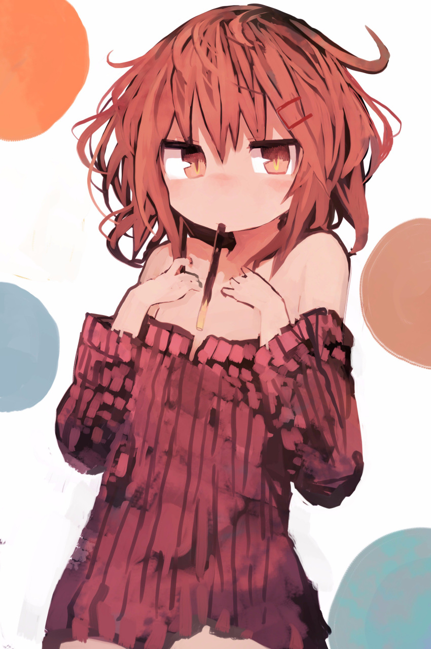 1girl absurdres alternate_costume bare_shoulders blush brown_eyes brown_hair dress food hair_ornament hairclip hands_on_own_chest highres ikazuchi_(kantai_collection) kaamin_(mariarose753) kantai_collection looking_at_viewer medium_hair mouth_hold nose_blush pocky pocky_day solo sweater sweater_dress