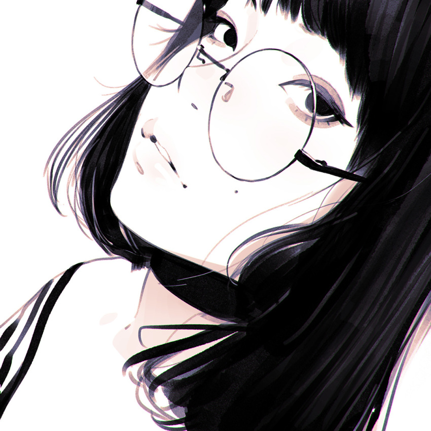 1girl choker close-up dutch_angle glasses ilya_kuvshinov long_hair looking_at_viewer mole monochrome original round_eyewear simple_background solo upper_body