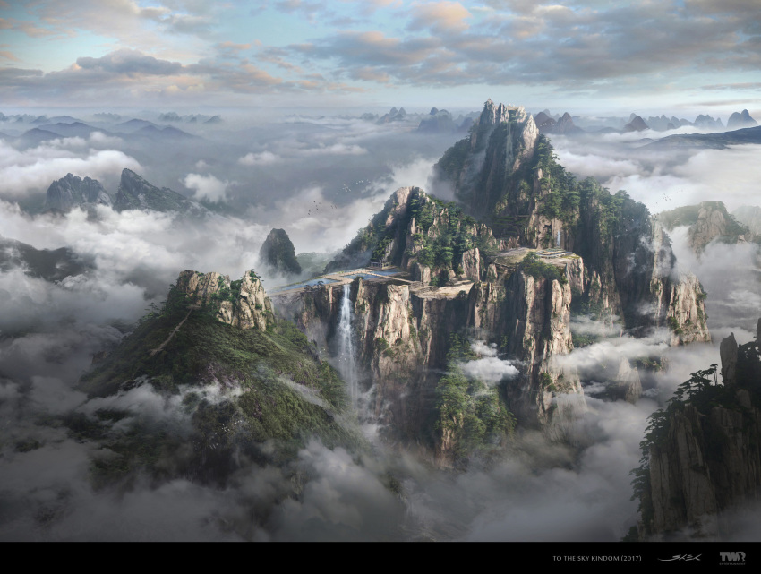 above_clouds blue_sky clouds cloudy_sky commentary dated day fantasy highres ming_yee_sheh mountain no_humans original outdoors scenery signature sky valley