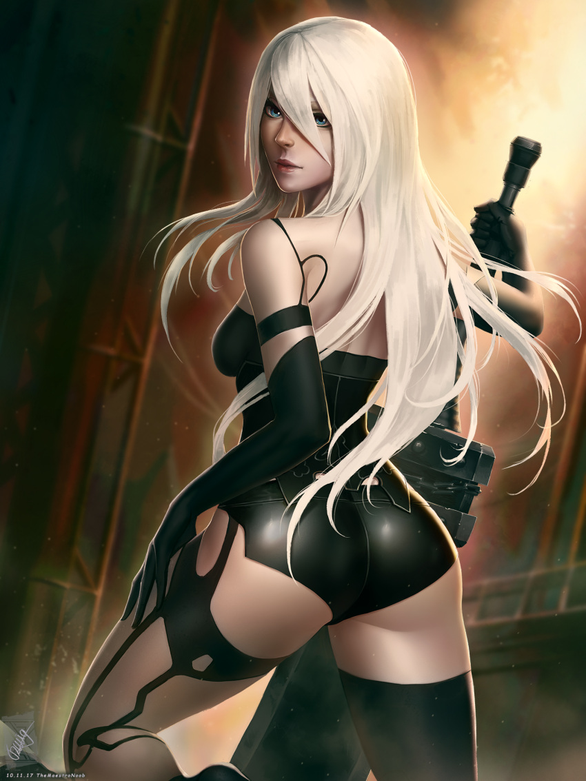 1girl ass back black_gloves black_legwear elbow_gloves georgy_stacker gloves highres huge_weapon long_hair looking_back nier_(series) nier_automata silver_hair single_thighhigh smile solo sword thigh-highs weapon yorha_type_a_no._2